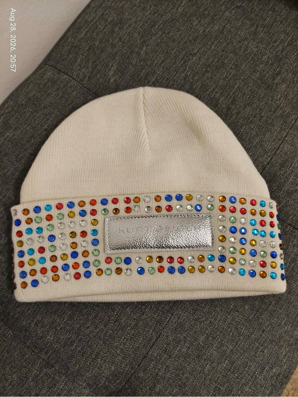 NWOT Kurt Geiger Cream Beanie with Multicolor Studs and Silver Patch